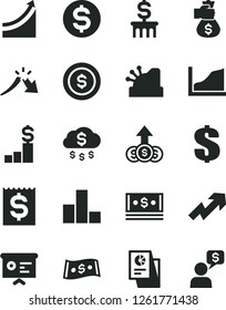 Solid Black Vector Icon Set - growth up vector, dollar, bar chart, a crisis, financial item, cash, statistical research, cashbox, report, graph, money bag hand, rain, coin, pedestal, column, dialog