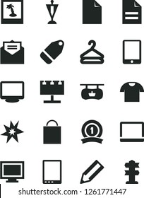 Solid Black Vector Icon Set - monitor window vector, paper bag, clean sheet of, scribbled, received letter, T shirt, hanger, label, antique advertising signboard, billboard with illumination, pencil