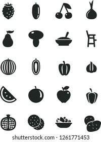 Solid Black Vector Icon Set - a chair for feeding child vector, mushroom, bowl of buckwheat porridge, plate fruit, orange slice, biscuit, cherry, half pomegranate, red apple, tasty raspberry, date