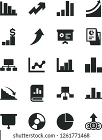 Solid Black Vector Icon Set - growth up vector, pie chart, bar, graph, negative histogram, positive, recession, scheme, hierarchical, ring diagram, book on statistics, statistical research, arrow