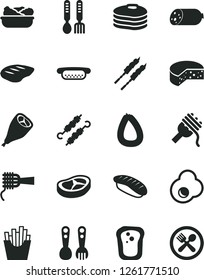 Solid Black Vector Icon Set - plastic fork spoons vector, iron, sausage, stick of, cheese, mini hot dog, spaghetti, noodles, lettuce in a plate, grill chicken leg, bacon, chop, barbecue, fried egg