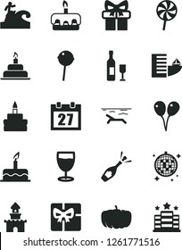 Solid Black Vector Icon Set - daily calendar vector, colored air balloons, cake, birthday, torte, Chupa Chups, lollipop, glass, pumpkin, gift, giftbox, sand castle, wine, champagne, hotel, beach