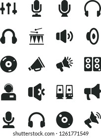 Solid Black Vector Icon Set - desktop microphone vector, horn, loudspeaker, drumroll, headphones, volume, no sound, operator, megaphone, cd, pc speaker, settings
