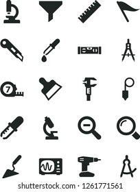 Solid Black Vector Icon Set - yardstick vector, zoom out, wind direction indicator, building trowel, drill, long meashuring tape, level, plummet, putty knife, stationery, magnifier, caliper, filter