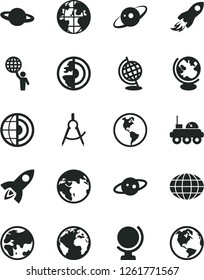 Solid Black Vector Icon Set - sign of the planet vector, globe, Earth, scribed compasses, space rocket, core, saturn, lunar rover, man hold world