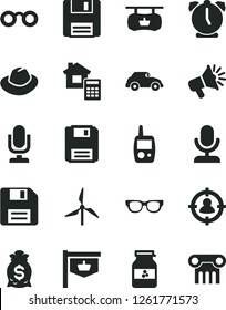 Solid Black Vector Icon Set - desktop microphone vector, floppy disk, hat, toy mobile phone, estimate, alarm clock, jar of jam, windmill, retro car, vintage sign, antique advertising signboard