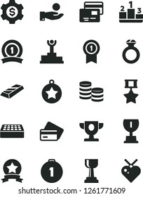 Solid Black Vector Icon Set - brick vector, cards, pedestal, coins, catch a coin, winner podium, prize, award, gold cup, star medal, first place, with pennant, ribbon, hero, diamond ring, bar