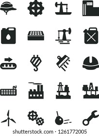 Solid Black Vector Icon Set - hook vector, gears, construction helmet, brick, spatula, core, sea port, commercial seaport, oil derrick, working, modern gas station, windmill, industrial building, of