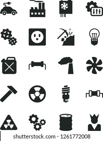 Solid Black Vector Icon Set - hammer vector, marine propeller, coal mining, manufacture, barrel, bulb, socket, industrial building, gears, canister, energy saving, radiation hazard, electric car