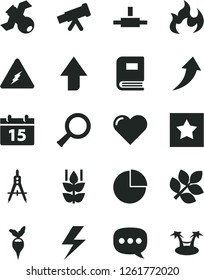 Solid Black Vector Icon Set - lightning vector, upward direction, pie chart, calendar, heart, mint, radish, Measuring compasses, speech, connect, telescope, electricity, zoom, satellite, book, flame
