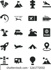 Solid Black Vector Icon Set - passport vector, lighthouse, geolocation, history, mountain flag, rocket, plane, train, car baggage, camper, air balloon, ticket, arrival, tent, beach, palm tree