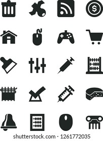 Solid Black Vector Icon Set - house vector, bell, rss feed, new abacus, putty knife, dust bin, cheese, cloth industry, mouse, joystick, settings, satellite, syringe, confirm, dollar coin, cart