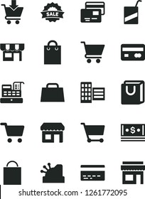 Solid Black Vector Icon Set - paper bag vector, bank card, e, city block, cart, put in, with handles, cards, kiosk, shopping, reverse side of a, cash, hand, machine, cashbox, sale, store