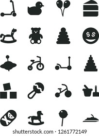 Solid Black Vector Icon Set - beanbag vector, baby duckling, stacking rings, toy, tumbler, sand set, small teddy bear, yule, rocking horse, cubes for children, colored air balloons, child bicycle