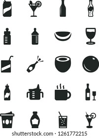 Solid Black Vector Icon Set - measuring cup for feeding vector, bottle, e, of tea, coffe to go, a glass soda, cocktail, can, orange, liquor, piece coconut, half, wine, champagne