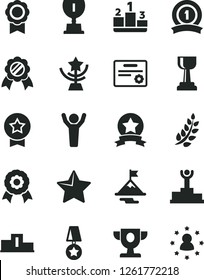 Solid Black Vector Icon Set - star vector, pedestal, medal, laurel branch, winner podium, prize, award, gold cup, man hands up, motivation, ribbon, certificate, stars around