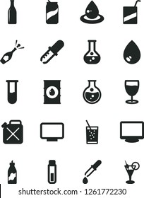 Solid Black Vector Icon Set - vector e, drop, a glass of soda, can, liquor, round flask, oil, canister, bottle, monitor, test tube, pipette, champagne, cocktail