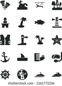 Solid Black Vector Icon Set - anchor vector, fish, commercial seaport, lighthouse, coastal, planet, sand castle, hotel, beach, palm tree, starfish, flippers, diving mask, surfing, handwheel, jet ski