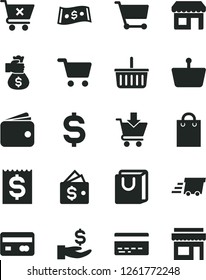 Solid Black Vector Icon Set - grocery basket vector, bank card, put in cart, crossed, bag with handles, kiosk, shopping, reverse side of a, denomination the dollar, financial item, get wage, wallet