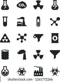 Solid Black Vector Icon Set - flask vector, manufacture, factory, oil, barrel, industrial building, radiation, carbon dyoxide, filter, water, test tube, molecule, nuclear, biohazard