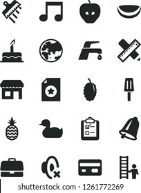 Solid Black Vector Icon Set - silent mode vector, rubber duck, cake, writing accessories, spatula, faucet mixer, bell, survey, popsicle, a pineapple, tasty apple, mulberry, piece of coconut, planet