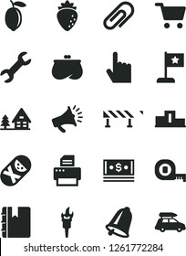 Solid Black Vector Icon Set - clip vector, tumbler, measuring tape, road fence, bell, index finger, notebook, raspberry, lemon, shopping cart, purse, cash, horn, printer, repair, flame torch
