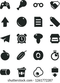 Solid Black Vector Icon Set - stopwatch vector, alarm clock, upward direction, paper airplane, remove label, mushroom, chicken leg, coffe to go, fried egg, orange, half apricot, delicious apple