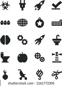 Solid Black Vector Icon Set - summer stroller vector, hook, gears, washbasin, comfortable toilet, bundle of eggs, beet, apple, electric plug, lighthouse, rocket, globe, keyboard, brain, biohazard