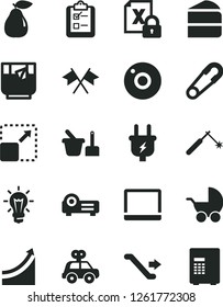 Solid Black Vector Icon Set - camera vector, baby stroller, safety pin, motor vehicle present, toy sand set, survey, expand picture, piece of cake, a glass tea, pear, plug, welding, bulb, encrypting