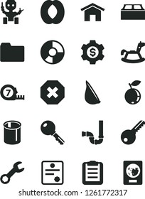 Solid Black Vector Icon Set - mark of injury vector, folder, rocking horse, long meashuring tape, siphon, key, building block, home, garlic, blueberry, half peach, pipes, ring diagram, repair, robot