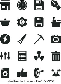 Solid Black Vector Icon Set - floppy disk vector, bin, clock face, hand saw, pan, nuclear, settings, calculator, ink pen, electricity, finger up, purpose, star certificate, mine axe, dollar gear