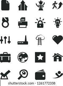 Solid Black Vector Icon Set - house vector, heart, case, planet, wallet, bulb, router, printer, file, encrypting, settings, artifical insimination, star cup, man arrow up, growth arrows, gold ring
