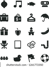 Solid Black Vector Icon Set - baby duckling vector, siphon, case, umbrella, flag, gift, hanger, bundle of eggs, popcorn, fish, medlar, banana, ripe pepper, tablet pc, web camera, note, chair, wallet