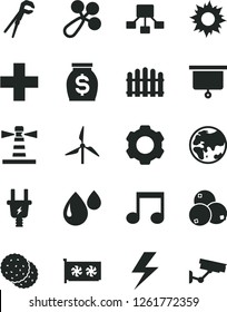 Solid Black Vector Icon Set - lightning vector, plus, baby rattle, adjustable wrench, hedge, biscuit, blueberries, windmill, planet, electric plug, drop, lighthouse, hierarchical scheme, money, note
