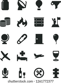Solid Black Vector Icon Set - desktop microphone vector, chest of drawers, safety pin, balloon, ntrance door, globe, coins, glass, satellite dish, jar, water filter, flame, man with flag, wine, air