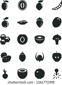 Solid Black Vector Icon Set - slices of onion vector, cabbage, beet, honeycombs, quince, tasty apple, plum, raspberry, blueberry, half melon, lemon, kiwi, tamarillo, coconut, physalis, potato, peas