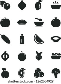 Solid Black Vector Icon Set - feeding bottle vector, deep plate with a spoon, pie, hot porridge, lettuce in, of milk, cucumber, blueberries, orange slice, peach, apple, pomegranate, medlar, half