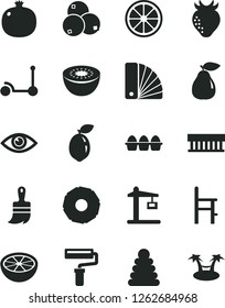 Solid Black Vector Icon Set - paint roller vector, stacking rings, a chair for feeding, Kick scooter, color samples, wooden brush, eye, bundle of eggs, pomegranate, pear, strawberry, blueberries