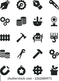 Solid Black Vector Icon Set - winch hook vector, concrete mixer, adjustable wrench, star gear, stationery knife, new radiator, hammer, with claw, coins, horseshoe magnet, metallurgy, gears, three
