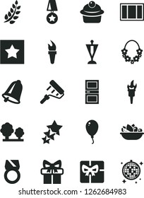 Solid Black Vector Icon Set - balloon vector, window frame, paint roller, interroom door, bell, muffin, a plate of fruit, trees, gift, giftbox, flame torch, laurel branch, pennant, star medal