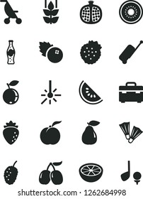 Solid Black Vector Icon Set - summer stroller vector, suitcase, bottle of soda, blueberries, strawberries, mint, ripe peach, half pomegranate, pear, raspberry, blueberry, tasty mulberry, cornels