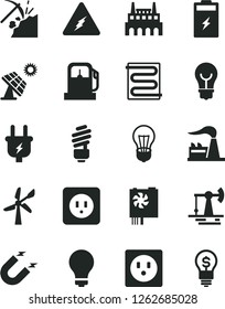 Solid Black Vector Icon Set - matte light bulb vector, saving, power socket type b, heating coil, charging battery, big solar panel, working oil derrick, coal mining, gas station, wind energy, plug