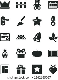 Solid Black Vector Icon Set - teddy bear vector, building trowel, window, frame, door knob, ceramic tiles, pavement, bell, star, gift, a pineapple, pumpkin, leaves, wall calendar, medal, certificate