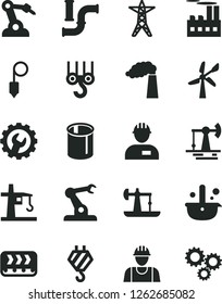 Solid Black Vector Icon Set - builder vector, workman, hook, winch, plummet, gear, oil derrick, working, wind energy, water pipes, manufacture, power line, industrial building, conveyor, tower crane