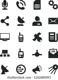 Solid Black Vector Icon Set - desktop microphone vector, envelope, toy mobile phone, received letter, screen, call, satellite antenna, SIM card, connection, scheme, horn, dispatcher, newspaper
