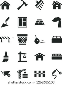 Solid Black Vector Icon Set - house vector, wicker pot, tower crane, building trolley, trowel, window, wooden paint brush, ceramic tiles, brick, block, spatula, paving slab, road fence, core, home