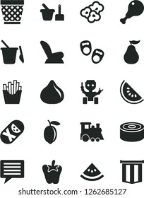 Solid Black Vector Icon Set - image of thought vector, wicker pot, car child seat, tumbler, toy sand set, children's, train, shoes for little children, canned goods, chicken leg, peper, French fries