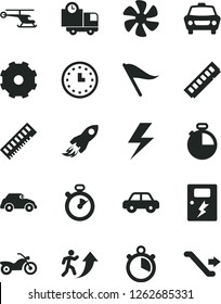 Solid Black Vector Icon Set - truck lorry vector, lightning, wind direction indicator, motor vehicle, dangers, timer, car, delivery, marine propeller, retro, space rocket, wall watch, memory