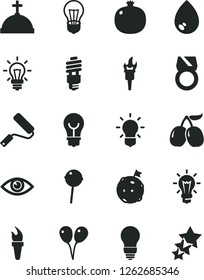 Solid Black Vector Icon Set - colored air balloons vector, new roller, bulb, eye, drop, Chupa Chups, pomegranate, tasty cornels, energy saving, light, flame torch, flag on moon, gold ring