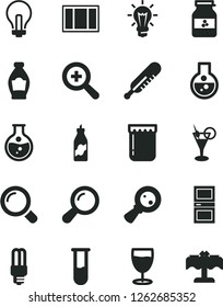 Solid Black Vector Icon Set - incandescent lamp vector, zoom, mercury thermometer, window frame, interroom door, magnifier, glass, jam, jar of, bottle, liquor, round flask, light bulb, magnifying